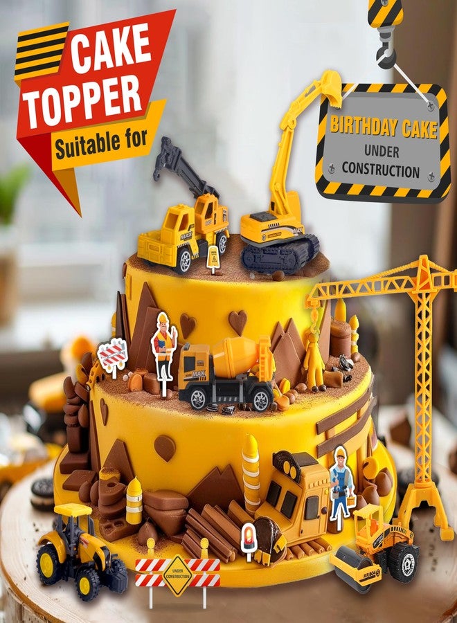 Oriate 28pcs Construction Toys for Kids, 12pcs Mini Diecast Construction Vehicles Toy with Flatbed Transport Trailer, Educational Digger Excavator Bulldozer Forklift Trucks Cake Topper Stickers - Image 3